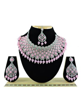 Precious Silver Rodium Polish Pink and Silver Color Beads Work Necklace Set