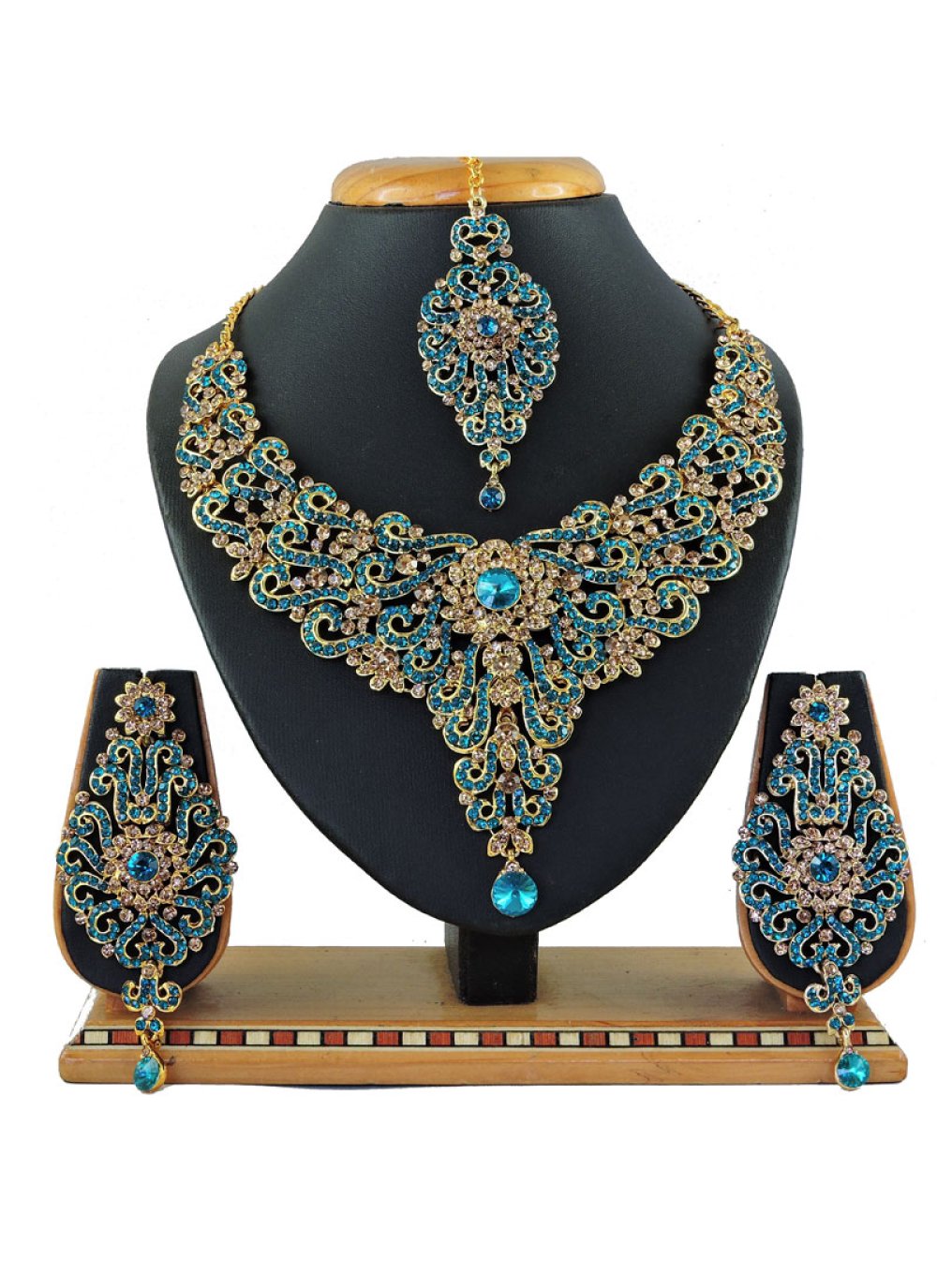 Precious Stone Work Gold and Teal Necklace Set for Bridal