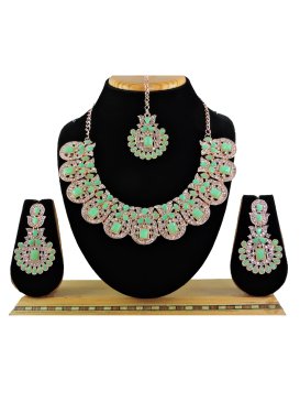 Precious Stone Work Mint Green and White Necklace Set for Festival