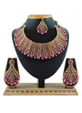 Pretty Alloy Gold Rodium Polish Stone Work Gold and Rose Pink Necklace Set