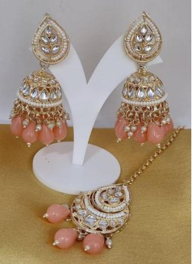 Pretty Alloy Peach and White Earrings Set For Party