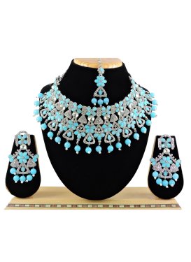 Pretty Alloy Silver Rodium Polish Light Blue and Silver Color Beads Work Necklace Set