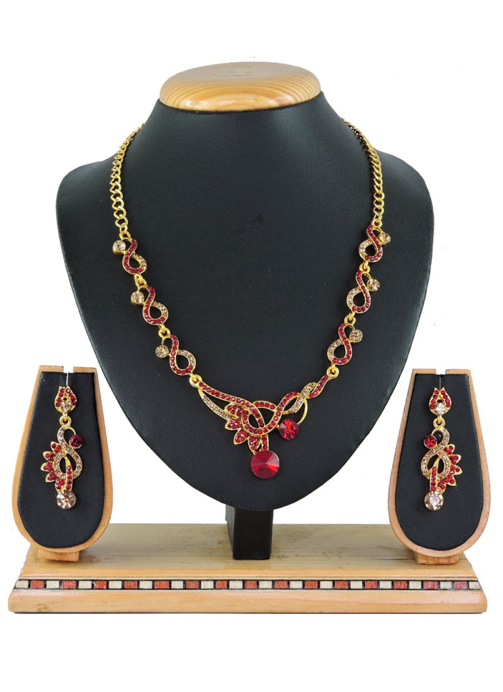Pretty Gold and Red Alloy Gold Rodium Polish Necklace Set For Festival