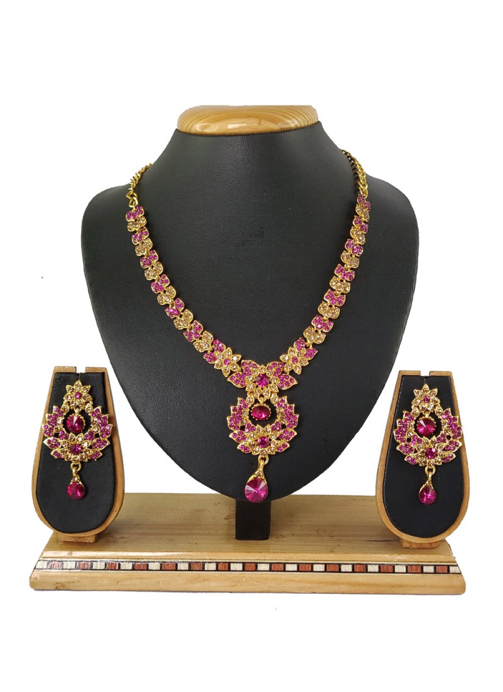 Pretty Gold Rodium Polish Gold and Rose Pink Necklace Set For Festival