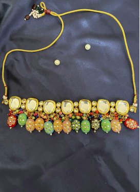 Pretty Kundan Work Gold Rodium Polish Necklace Set For Festival