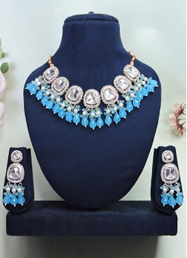 Pretty Light Blue and White Beads Work Necklace Set