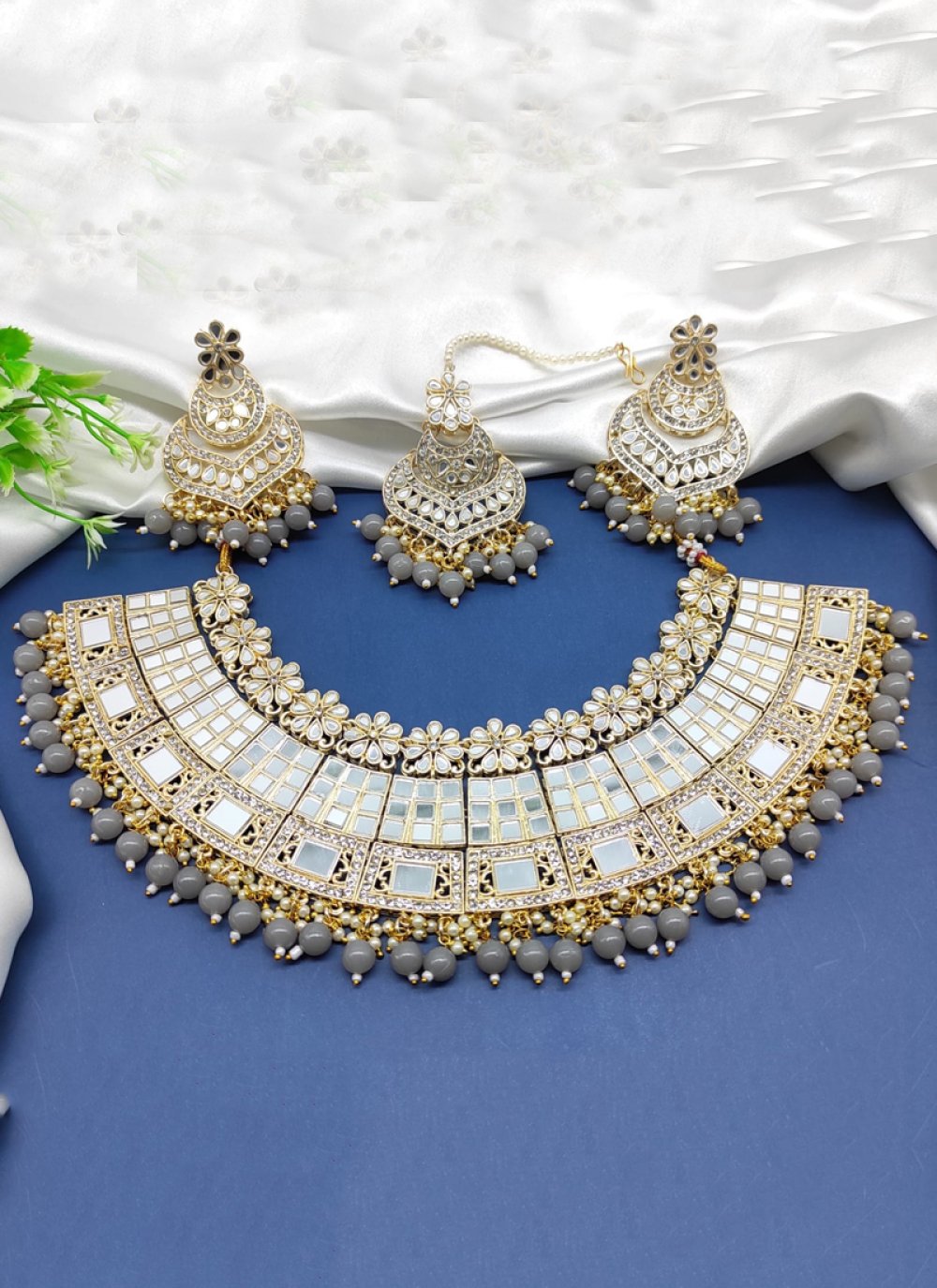 Pretty Mirror Work Gold Rodium Polish Necklace Set