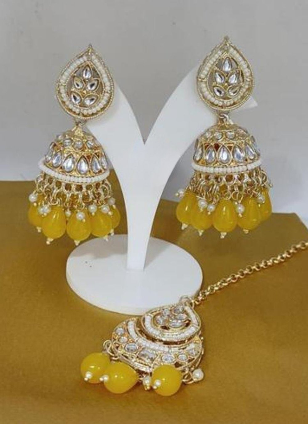Pretty Mustard and White Beads Work Earrings Set