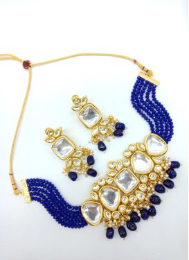 Pretty Navy Blue and White Beads Work Necklace Set