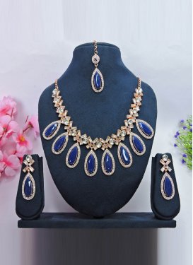 Pretty Navy Blue and White Gold Rodium Polish Necklace Set For Ceremonial