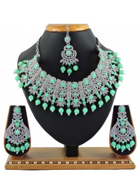 Pretty Silver Rodium Polish Beads Work Alloy Mint Green and White Necklace Set