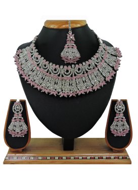 Pretty Silver Rodium Polish Stone Work Alloy Pink and Silver Color Necklace Set