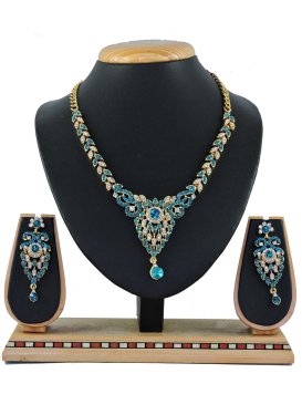 Pretty Stone Work Teal and White Gold Rodium Polish Necklace Set