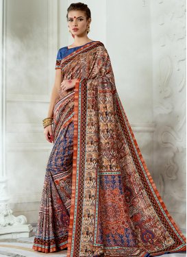 Print Work Blue and Brown Contemporary Style Saree