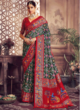 Print Work Bottle Green and Red Trendy Classic Saree