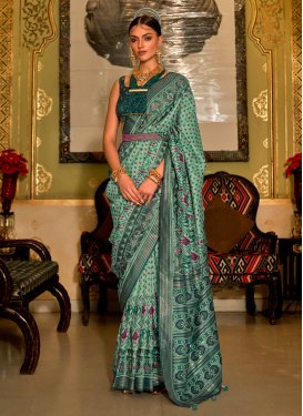 Print Work Bottle Green and Sea Green Trendy Classic Saree