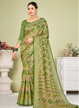 Print Work Brown and Olive Trendy Classic Saree