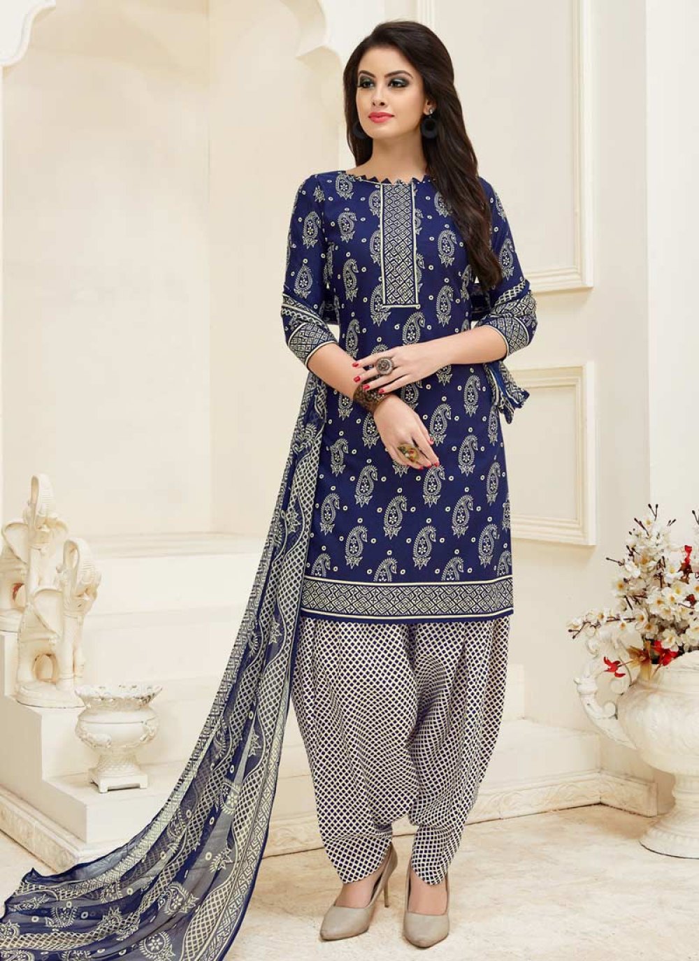 Buy Print Work Cotton Beige and Navy Blue Punjabi Salwar Suit Online