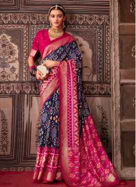 Print Work Navy Blue and Rose Pink Trendy Classic Saree