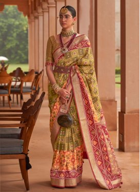 Print Work Olive and Red Designer Contemporary Style Saree