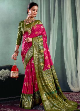 Print Work Olive and Rose Pink Designer Contemporary Style Saree