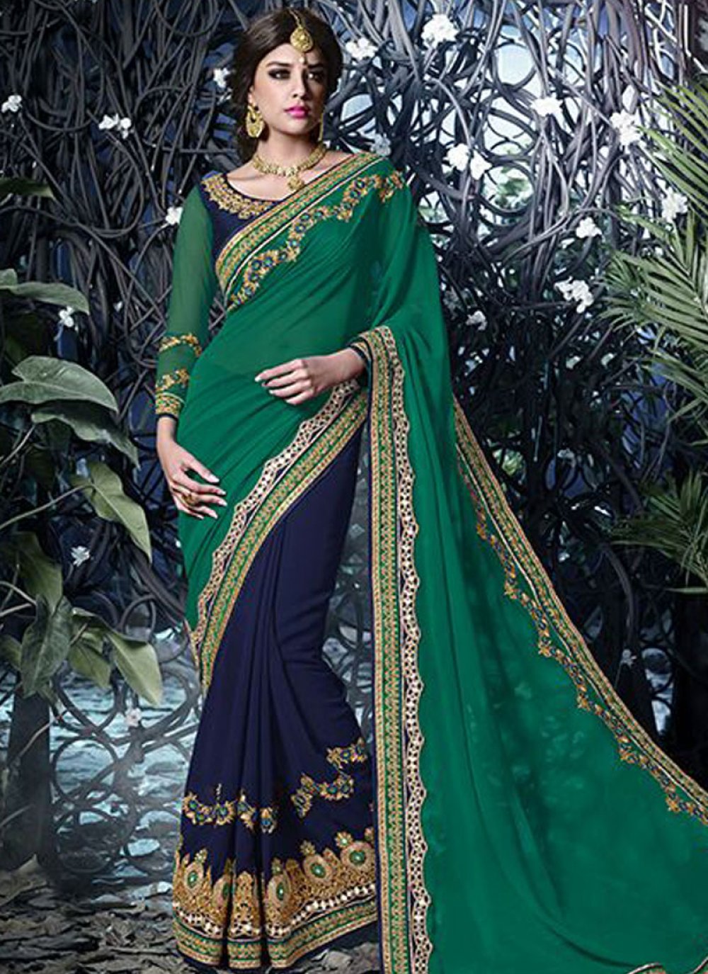 Buy Unique Navy Blue Wedding Wear Embroidery Work Net Saree 146793 Online