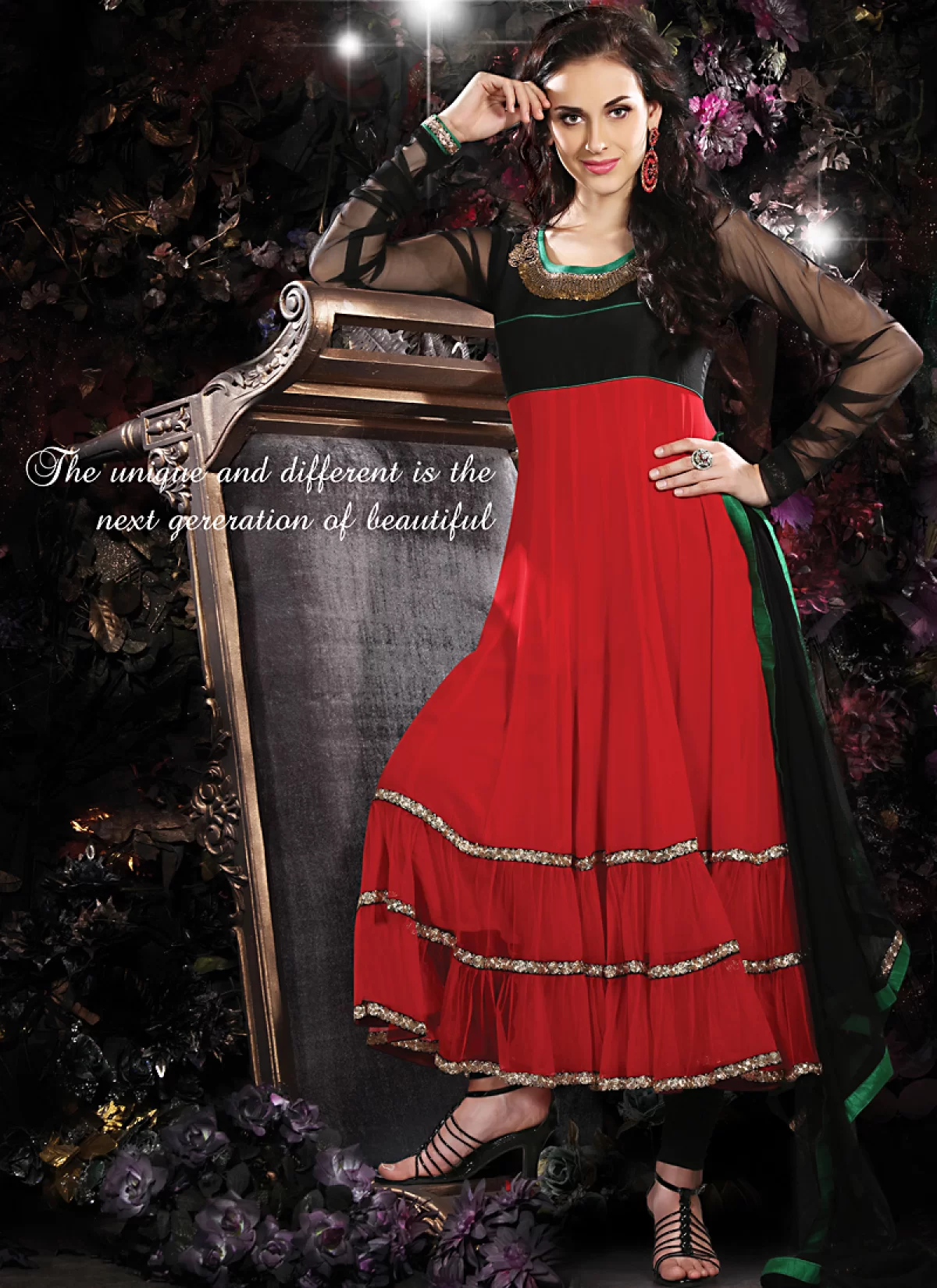 fitted lace wedding dress Black & Red Anarkali Dress – Shovai.com main image 1