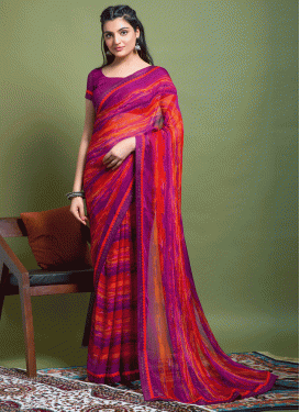 Purple and Red Digital Print Work Traditional Designer Saree