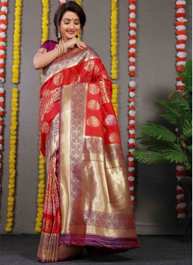Purple and Red Woven Work Designer Contemporary Style Saree