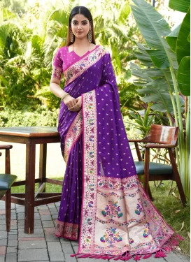 Purple and Rose Pink Banarasi Silk Traditional Saree with Woven Work for Festival