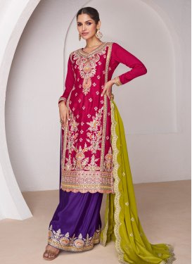 Purple and Rose Pink Embroidered Work Readymade Palazzo Salwar Kameez
