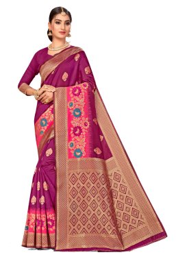 Purple and Rose Pink Woven Work Designer Traditional Saree