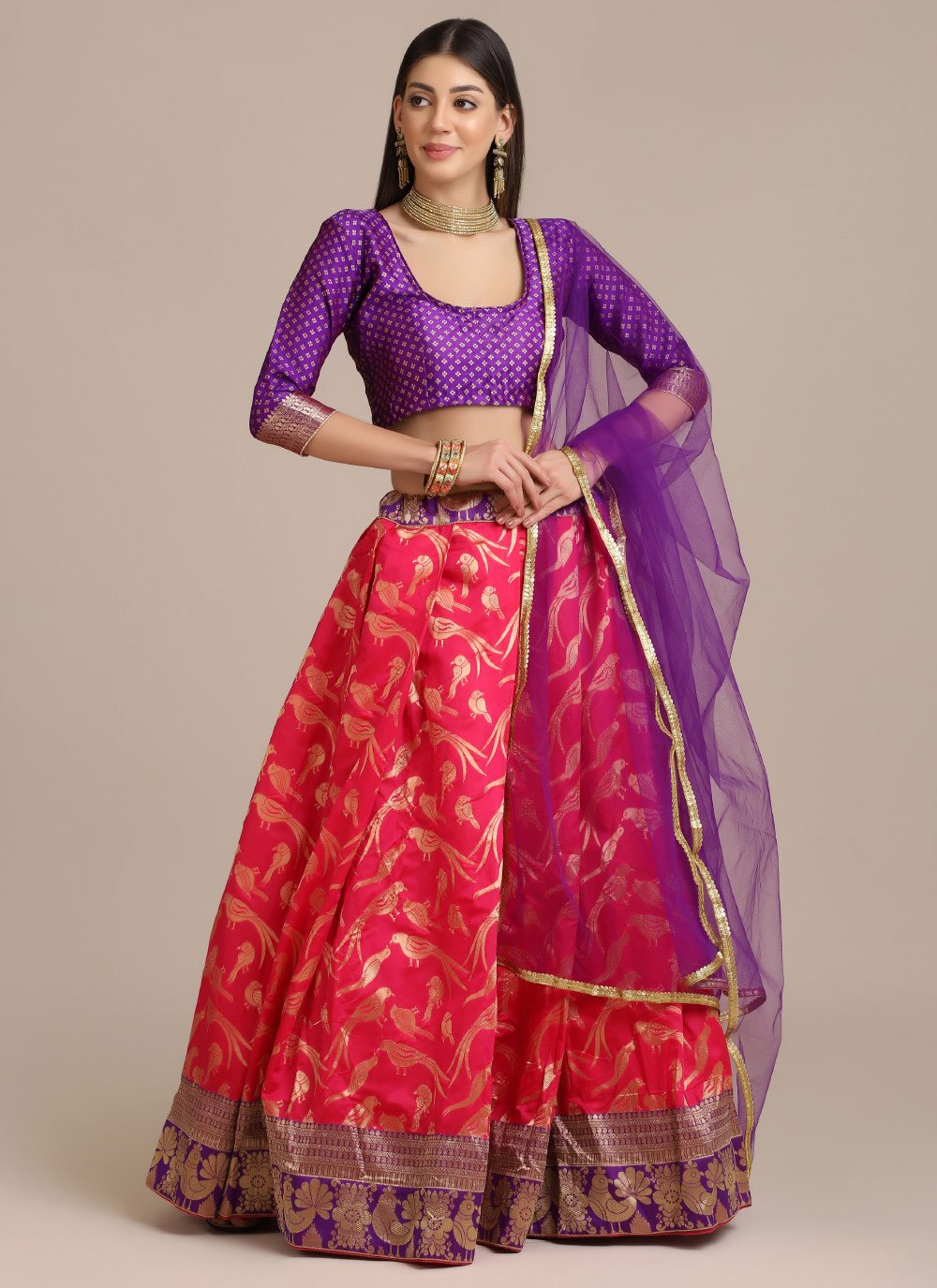 Purple and Rose Pink Woven Work Trendy Designer Lehenga Choli