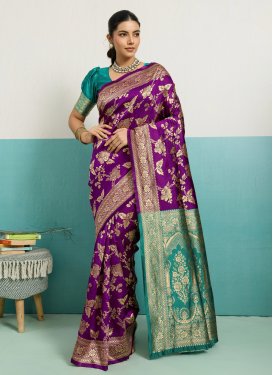 Purple and Teal Silk Blend Woven Work Traditional Saree for Women