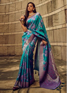 Purple and Teal Woven Work Designer Contemporary Saree