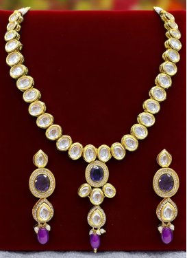 Purple and White Beads Work Gold Rodium Polish Necklace Set