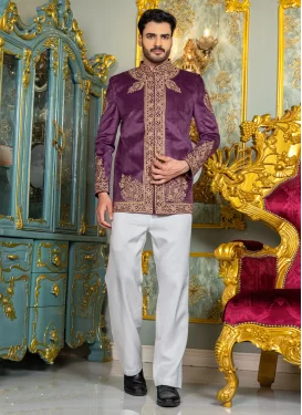 Purple and White Silk Embroidered Work Jodhpuri Suit for Men