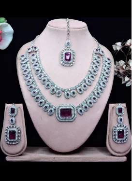 Purple and White Silver Rodium Polish Stone Work Necklace Set