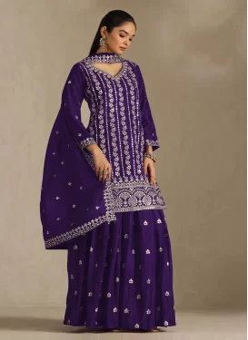 Purple Chinon Embroidered Work Palazzo Suit for Women
