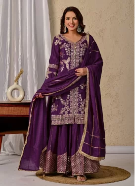 Purple Chinon Embroidered Work Palazzo Suit for Women
