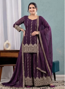 Purple Crunchy Silk Palazzo Suit with Embroidered Work for Festival