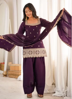 Purple Fancy Fabric Palazzo Suit with Embroidered Work for Festival