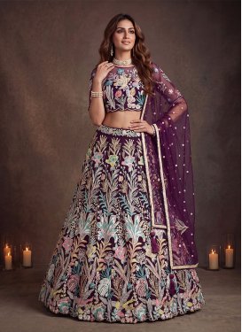 Purple Net Trendy Lehenga Choli with Embroidered Work for Bridal