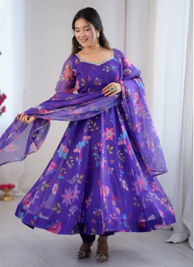 Purple Organza Anarkali Suit with Digital Print Work for Ceremonial