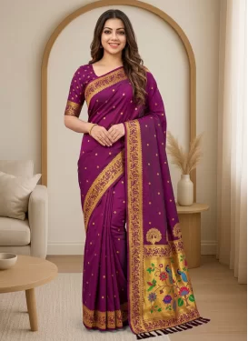 Purple Paithani Silk Woven Work Trendy Saree for Women