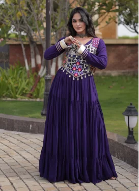 Purple Rayon Embroidered Work Designer Gown for Women