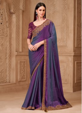 Purple Satin Georgette Classic Saree with Embroidered Work for Festival