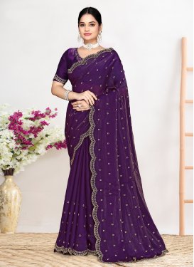 Purple Satin Silk Swarovski Work Classic Saree for Women