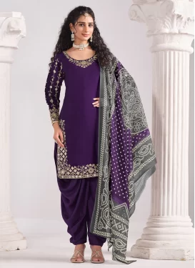 Purple Silk Blend Punjabi Salwar Suit with Embroidered Work for Festival
