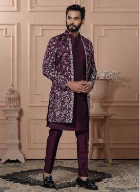 Purple Silk Cord Work Indo Western for Men